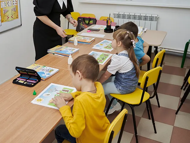 Kinder arbeiten in einer Kleingruppe an Arbeitsblättern, die Lehrkraft begleitet sie